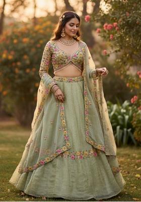 Pista Embroidered Silk Blend Lehenga Set