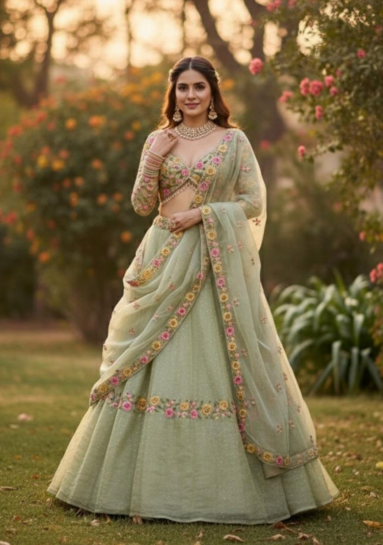 Pista Embroidered Silk Blend Lehenga Set - Indya