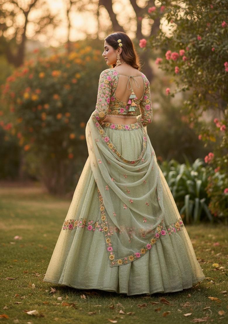 Pista Embroidered Silk Blend Lehenga Set - Indya