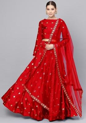 Red Embroidered Silk Blend Lehenga Set