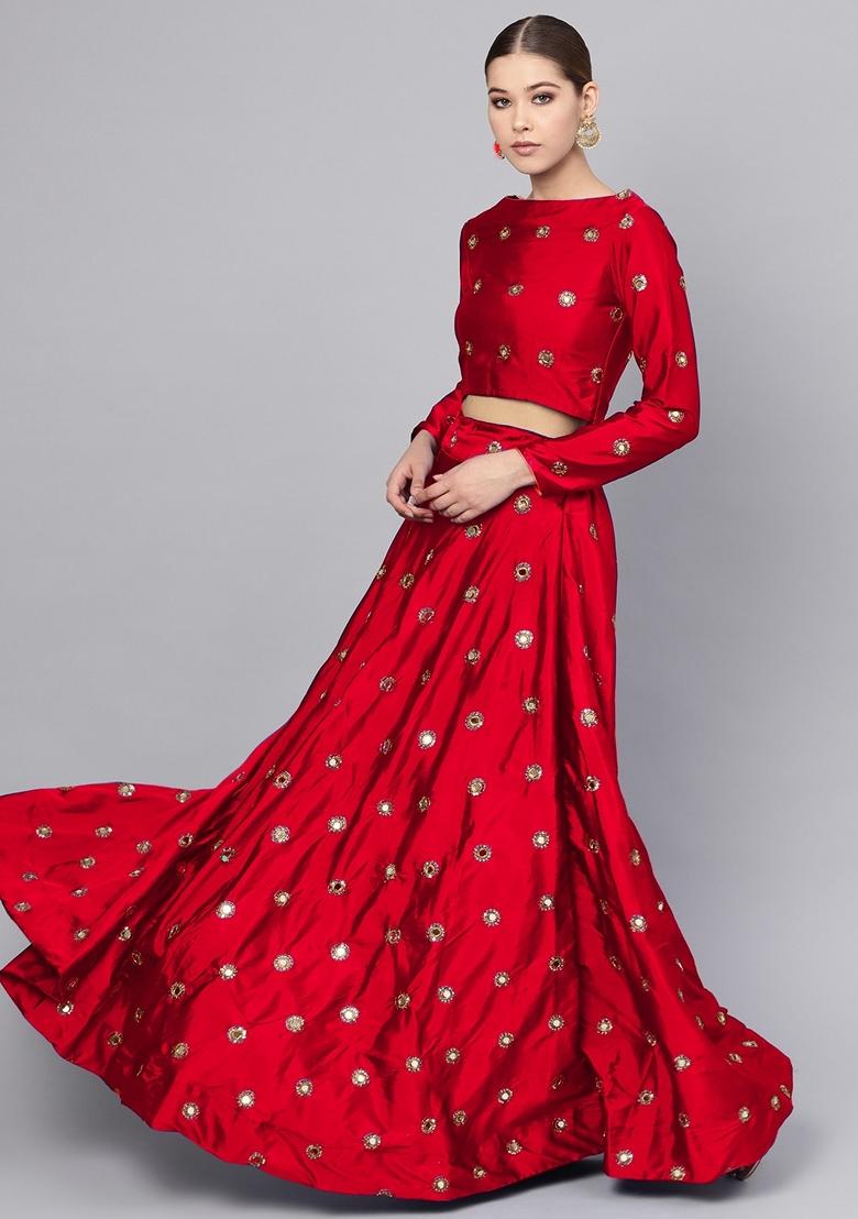 Red Embroidered Silk Blend Lehenga Set - Indya