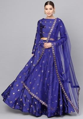 Light Blue Embroidered Silk Blend Lehenga Set