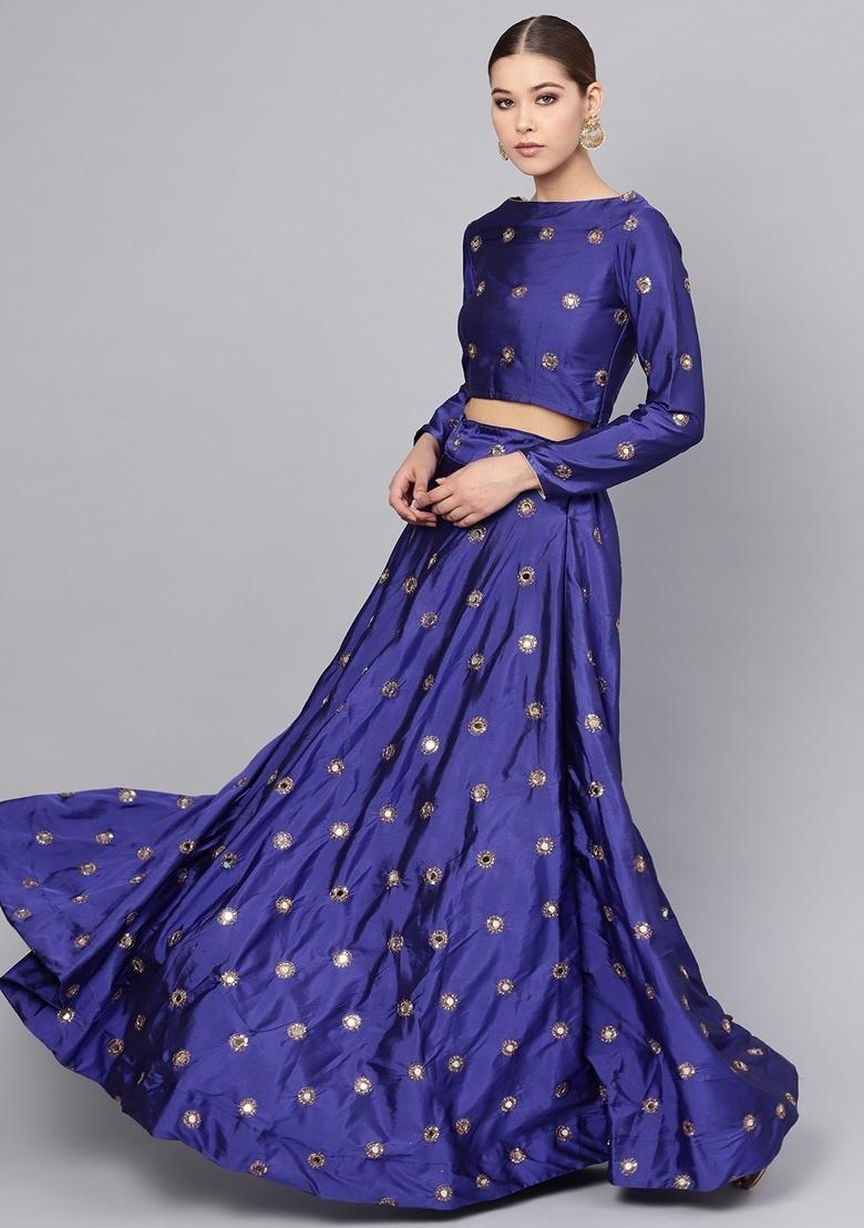 Light Blue Embroidered Silk Blend Lehenga Set - Indya