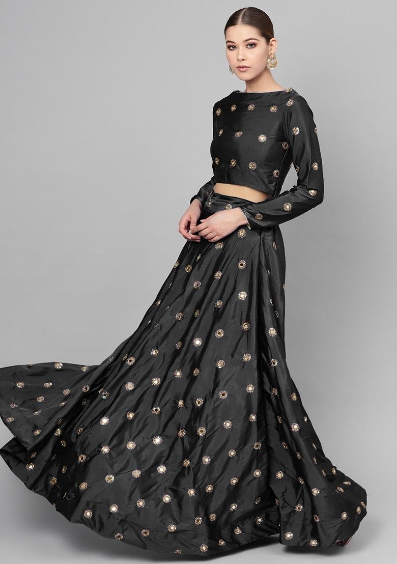Black Embroidered Silk Blend Lehenga Set - Indya