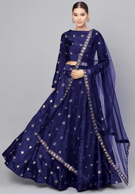 Navy Blue Embroidered Silk Blend Lehenga Set