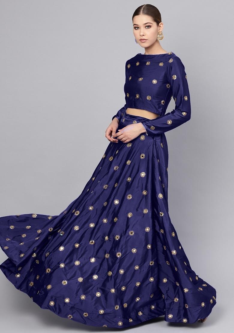 Navy Blue Embroidered Silk Blend Lehenga Set - Indya