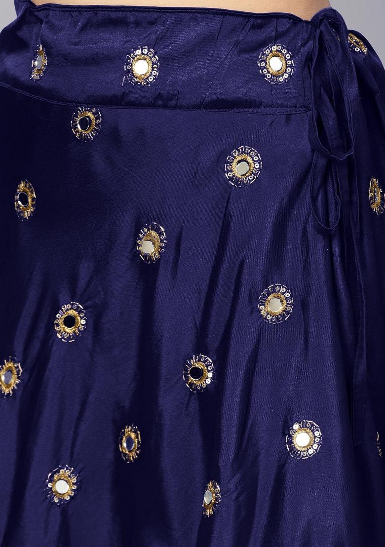Navy Blue Embroidered Silk Blend Lehenga Set - Indya