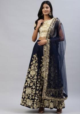 Navy Blue Sequin Work Velvet Lehenga Set