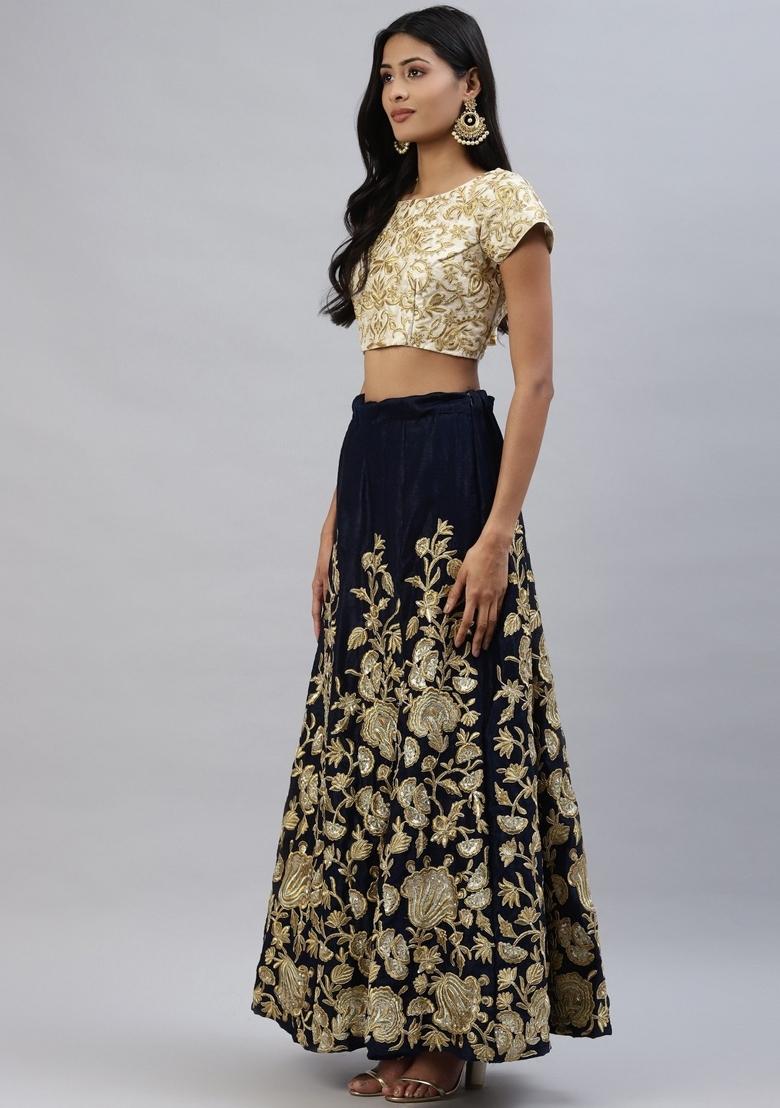 Navy Blue Sequin Work Velvet Lehenga Set - Indya