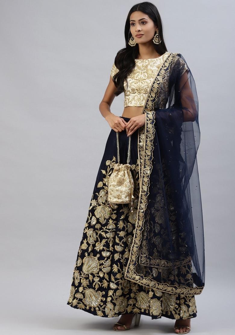 Navy Blue Sequin Work Velvet Lehenga Set - Indya