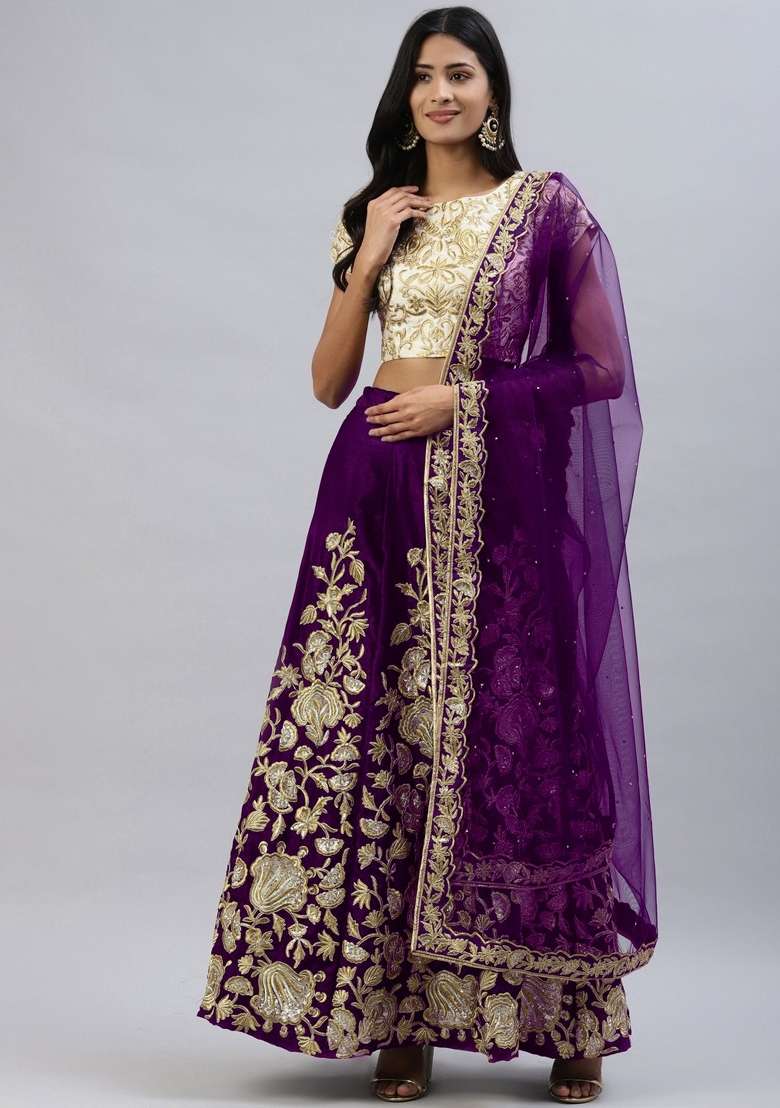 Purple Sequin Work Velvet Lehenga Set for Diwali and Festive Wear - Indya