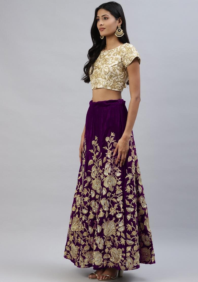 Purple Sequin Work Velvet Lehenga Set - Indya