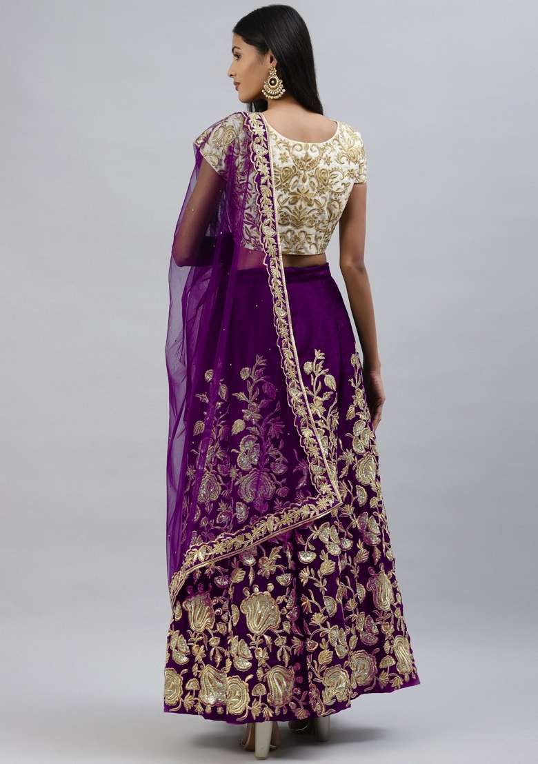 Purple Sequin Work Velvet Lehenga Set for Diwali and Festive Wear - Indya