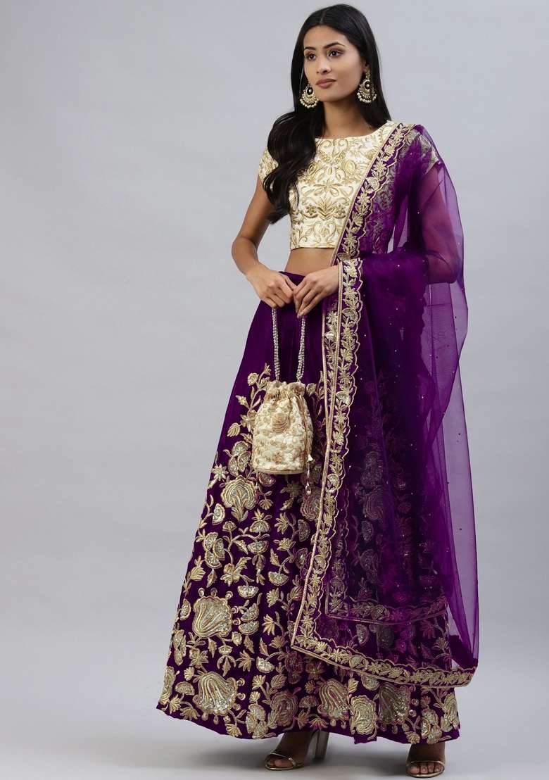 Purple Sequin Work Velvet Lehenga Set for Diwali and Festive Wear - Indya