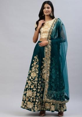 Turquoise Sequin Work Velvet Lehenga Set