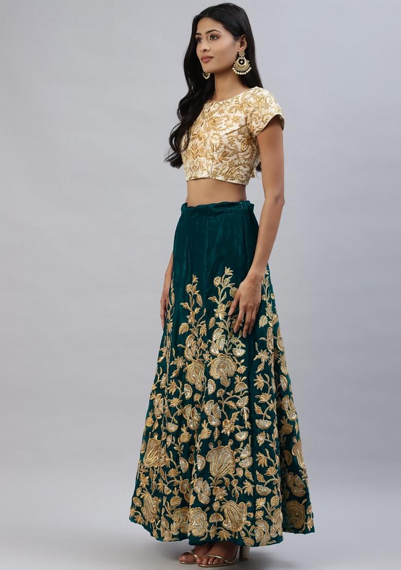 Turquoise Sequin Work Velvet Lehenga Set - Indya