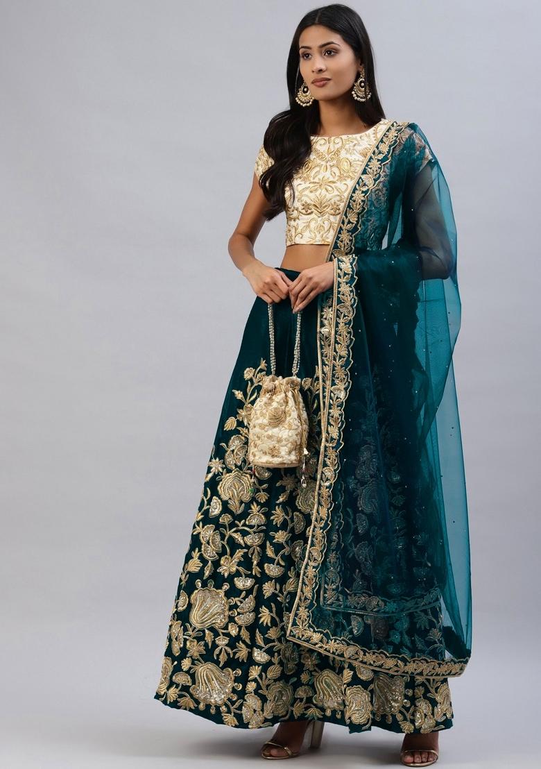 Turquoise Sequin Work Velvet Lehenga Set - Indya