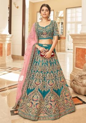 Turquoise Sequin Work Velvet Lehenga Set