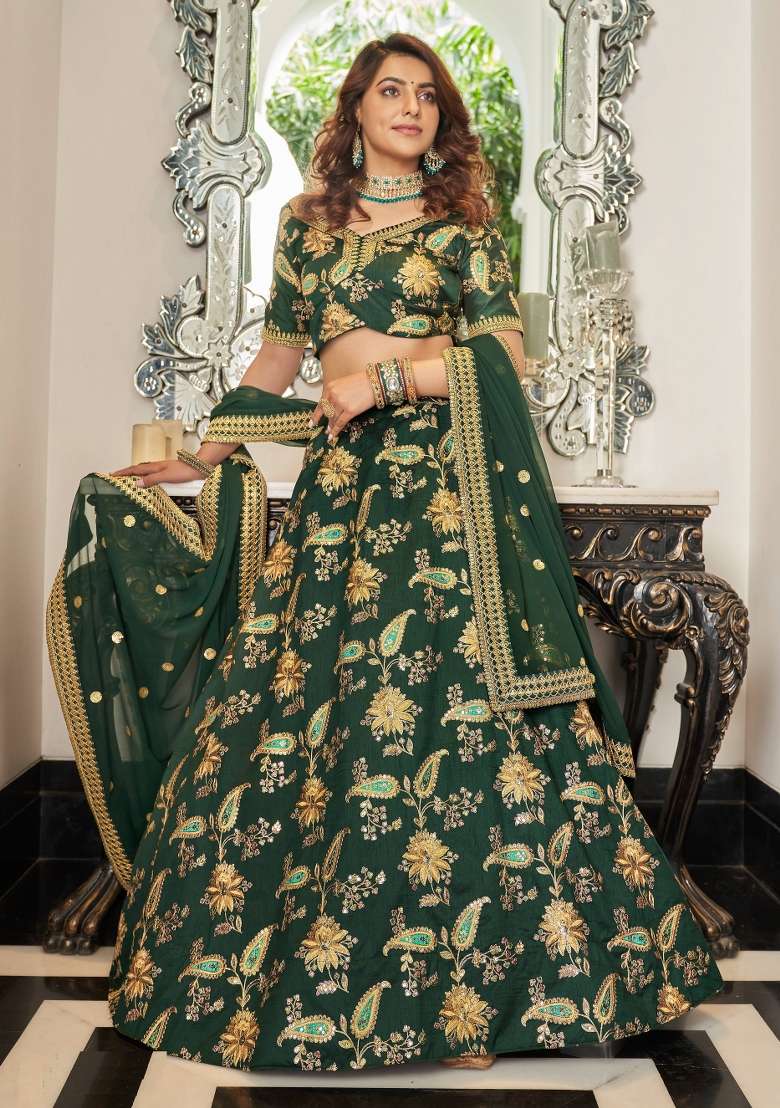 Green Sequin Work Silk Blend Lehenga Set - Indya