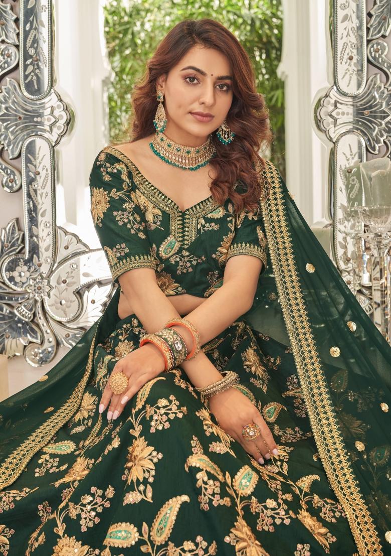 Green Sequin Work Silk Blend Lehenga Set - Indya