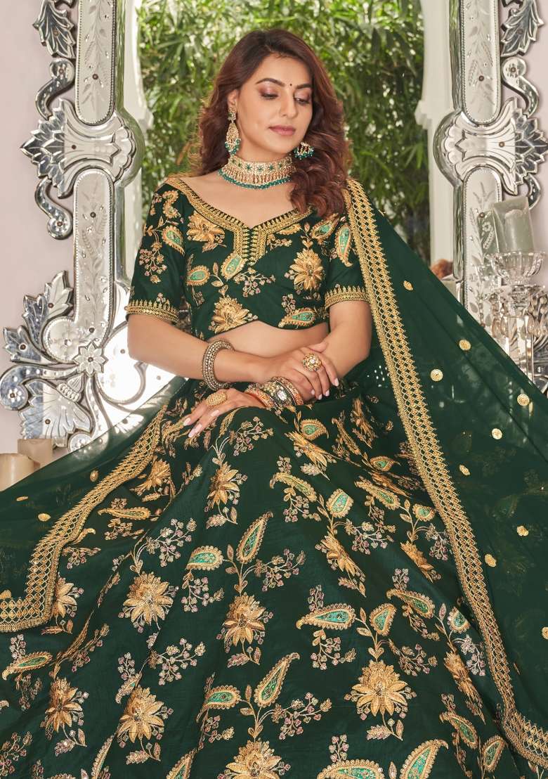 Green Sequin Work Silk Blend Lehenga Set - Indya