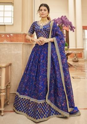 Blue Sequin Work Organza Lehenga Set