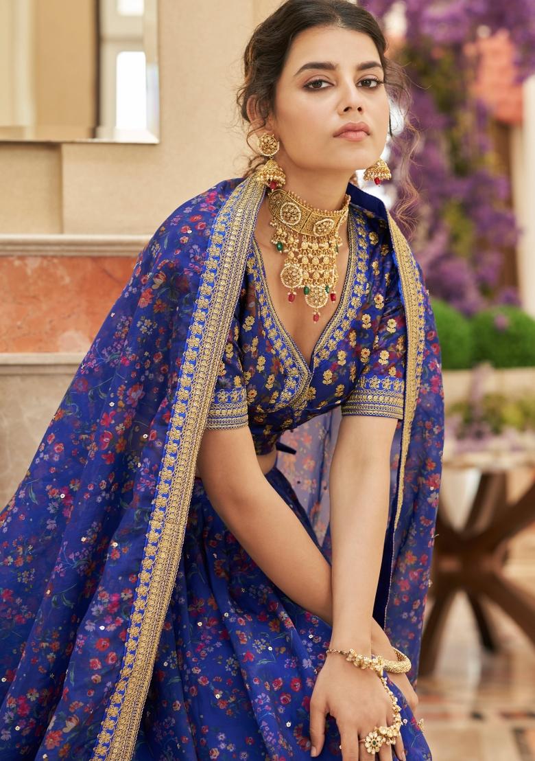 Blue Sequin Work Organza Lehenga Set - Indya