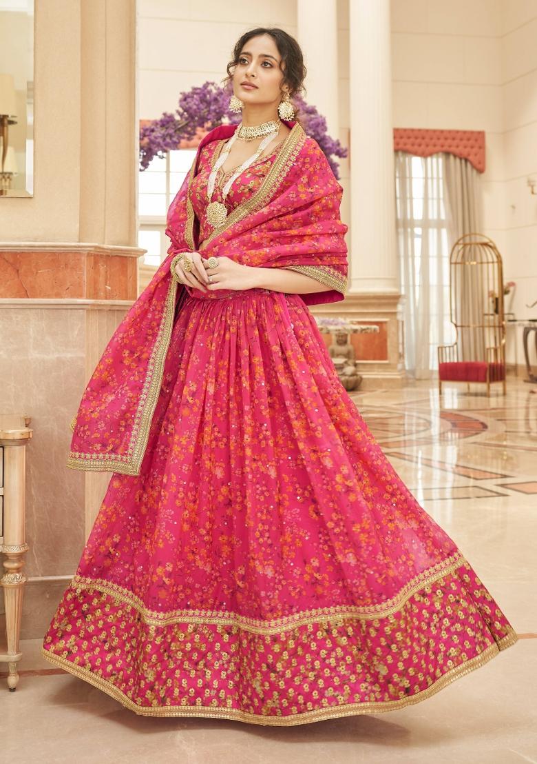 Pink Sequin Work Organza Lehenga Set - Indya