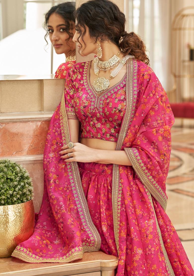 Pink Sequin Work Organza Lehenga Set - Indya