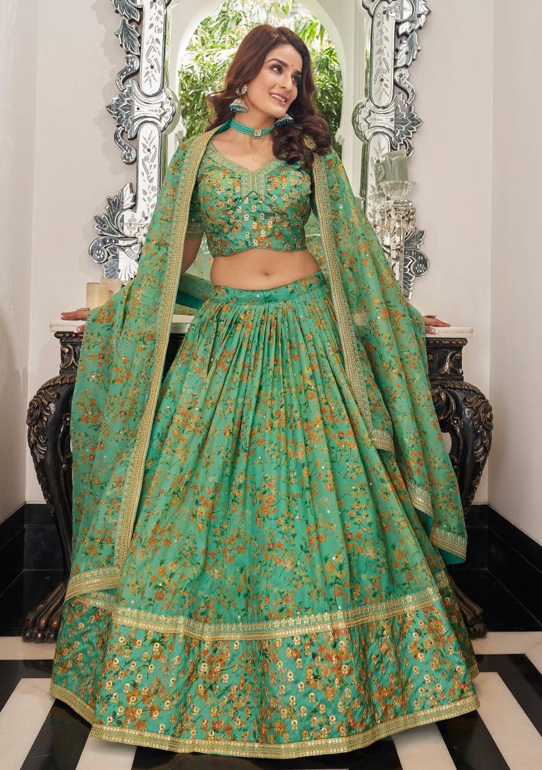 Light Green Sequin Work Organza Lehenga Set - Indya