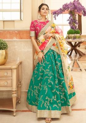 Green And White Sequin Work Silk Blend Lehenga Set