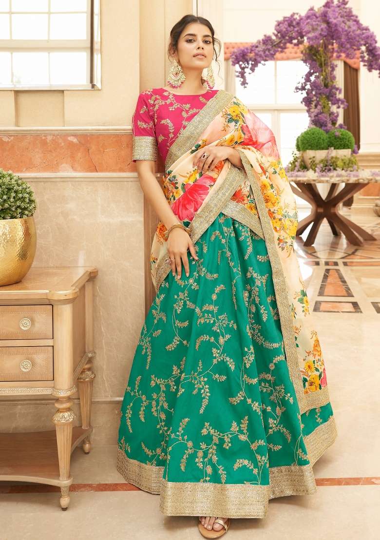 Green And White Sequin Work Silk Blend Lehenga Set - Indya