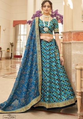 Blue Sequin Work Silk Blend Lehenga Set