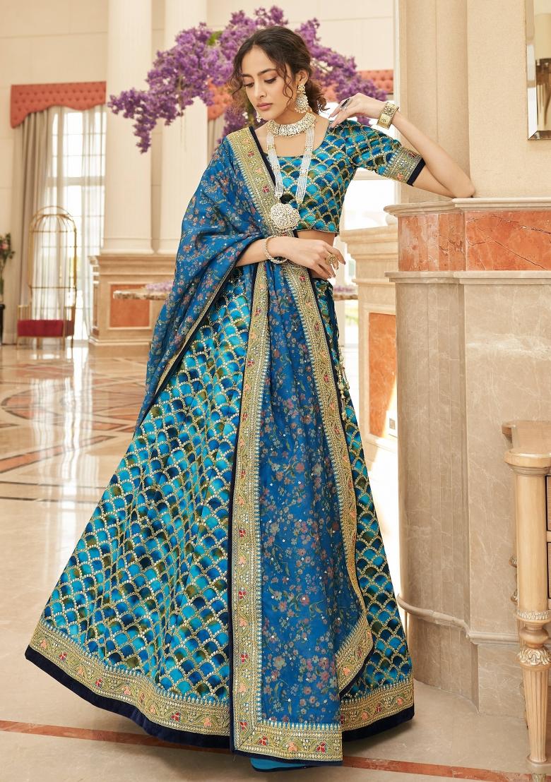 Blue Sequin Work Silk Blend Lehenga Set - Indya
