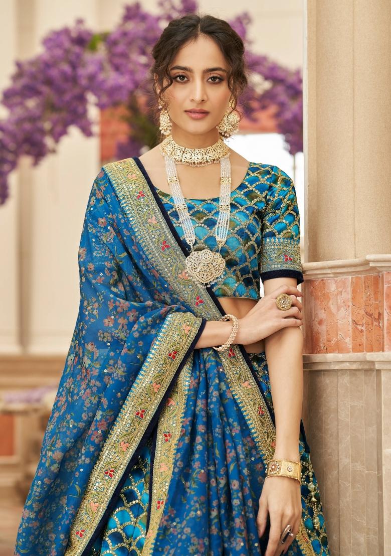 Blue Sequin Work Silk Blend Lehenga Set - Indya