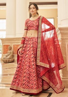Red Sequin Work Silk Blend Lehenga Set