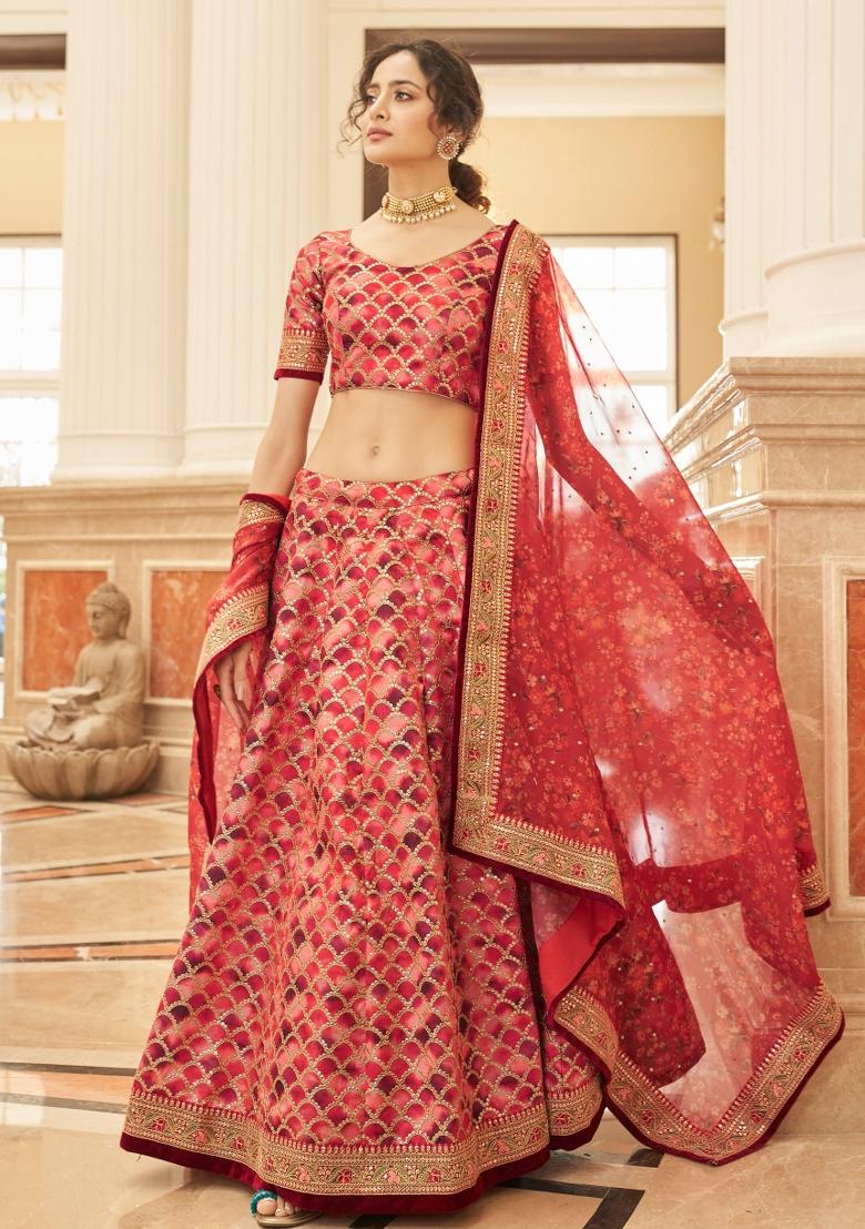 Red Sequin Work Silk Blend Lehenga Set - Indya