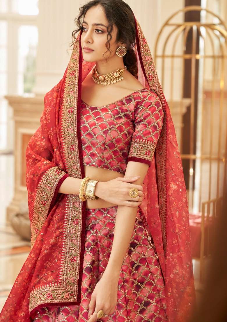 Red Sequin Work Silk Blend Lehenga Set - Indya