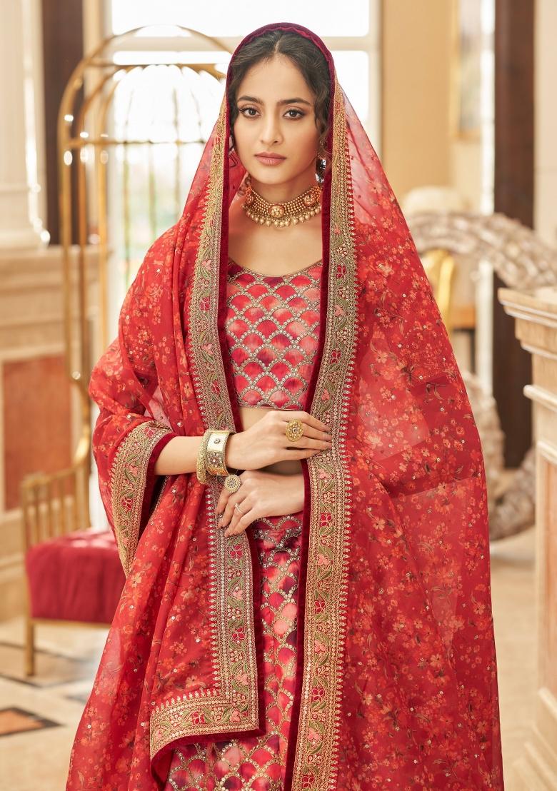 Red Sequin Work Silk Blend Lehenga Set - Indya
