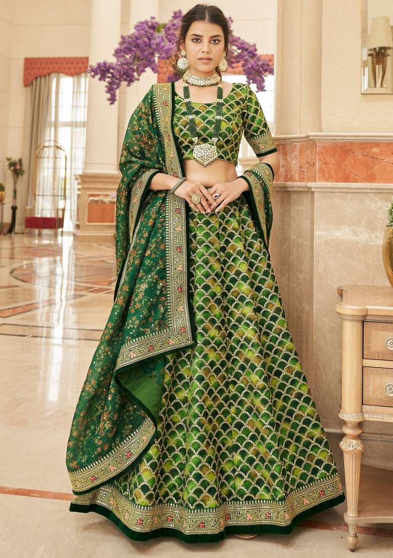 Green Sequin Work Silk Blend Lehenga Set - Indya