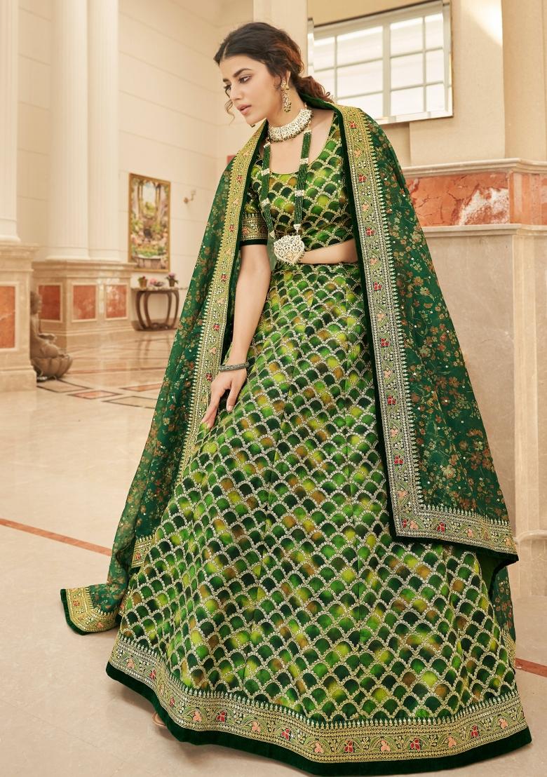 Green Sequin Work Silk Blend Lehenga Set - Indya