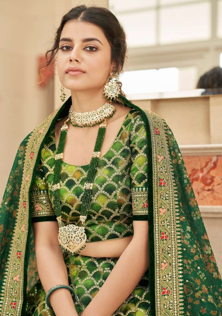 Green Sequin Work Silk Blend Lehenga Set - Indya
