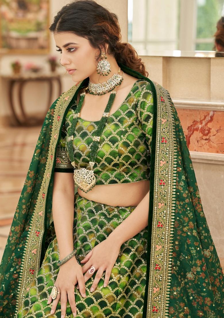 Green Sequin Work Silk Blend Lehenga Set - Indya
