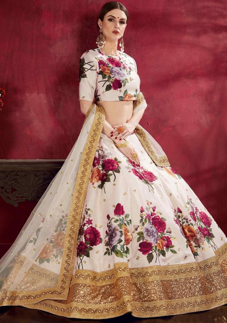 Off White Floral Print Silk Blend Lehenga Set - Indya
