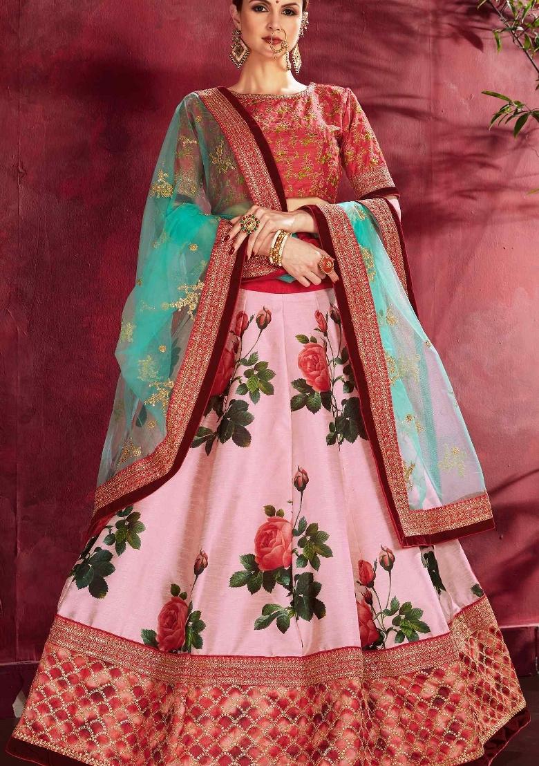 Baby Pink Floral Print Silk Blend Lehenga Set - Indya