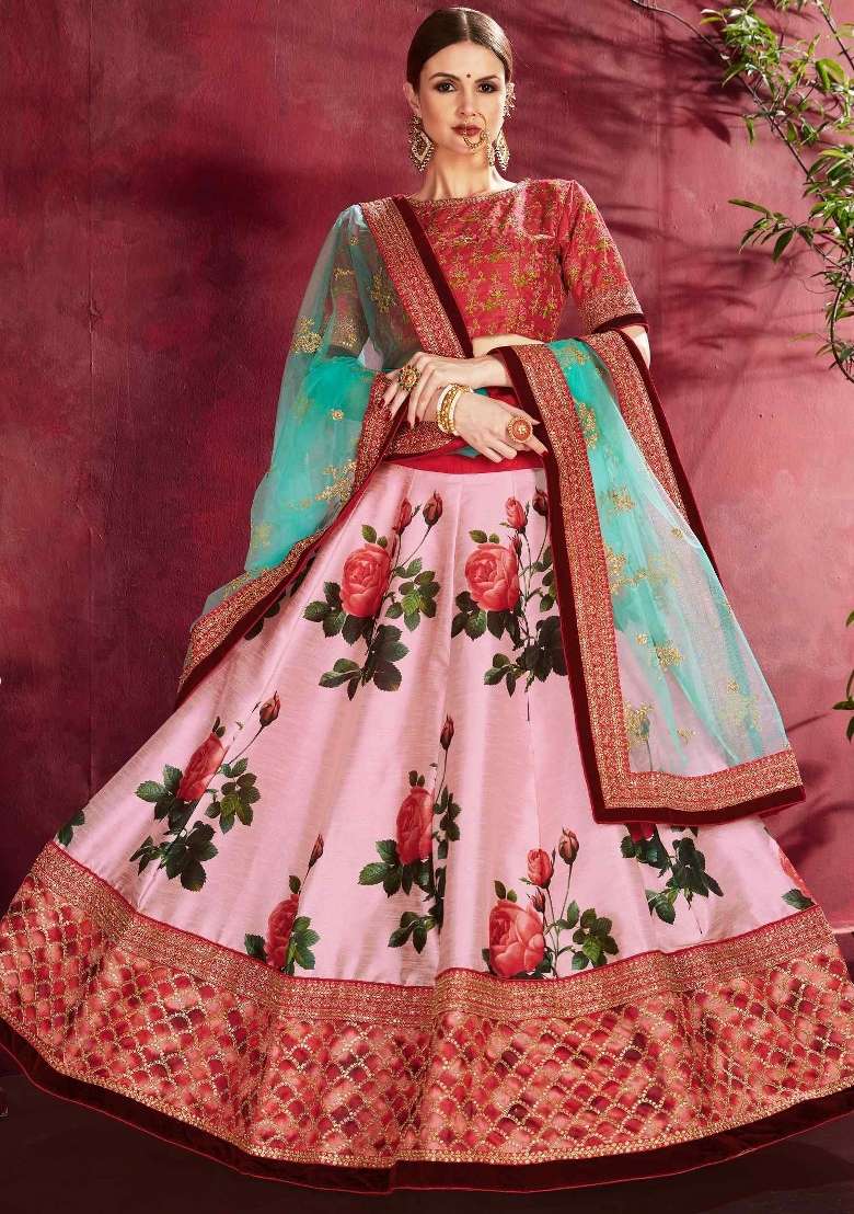 Baby Pink Floral Print Silk Blend Lehenga Set - Indya