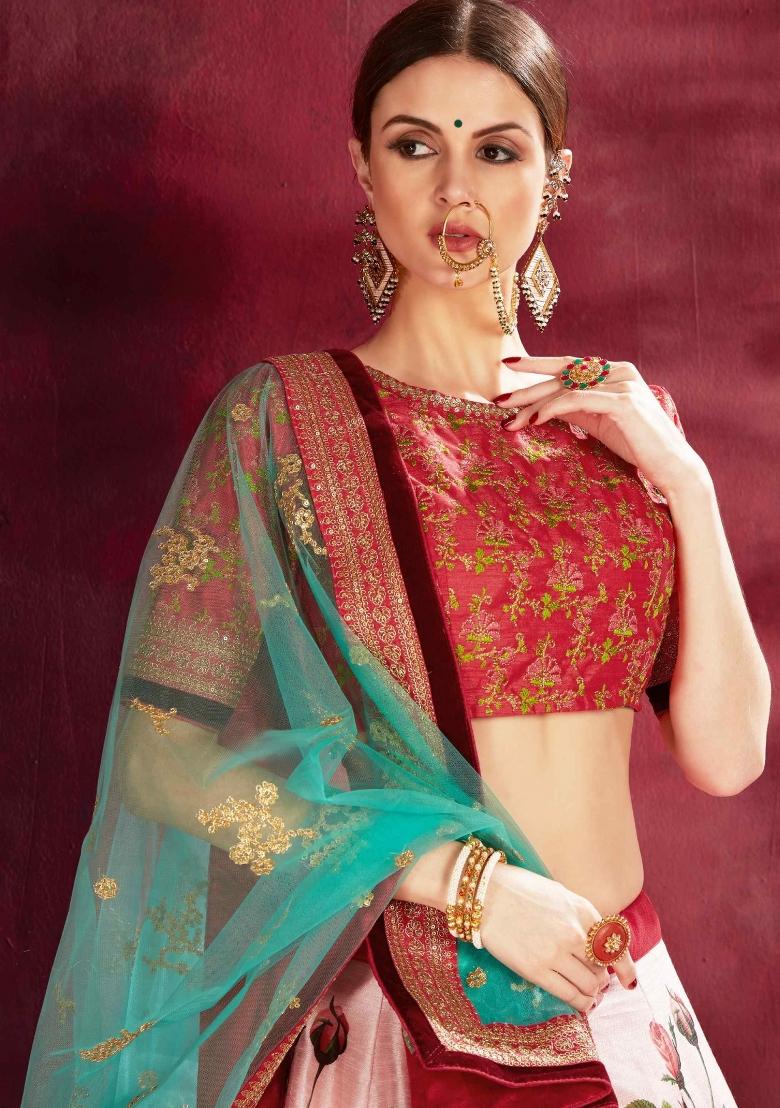 Baby Pink Floral Print Silk Blend Lehenga Set - Indya