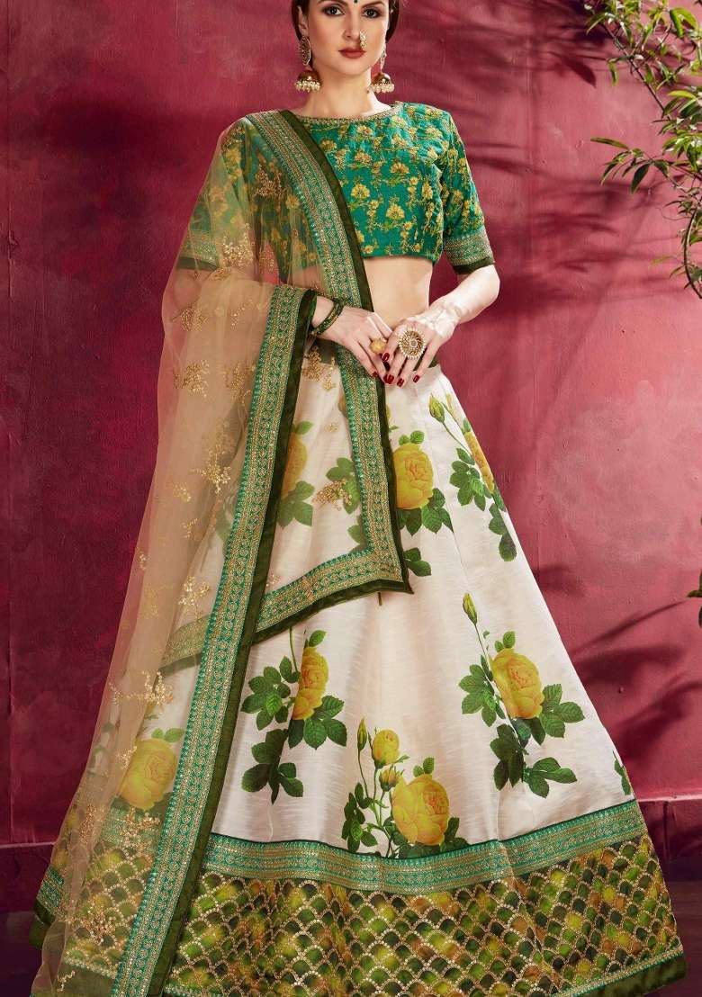 Cream Green Floral Print Silk Blend Lehenga Set - Indya