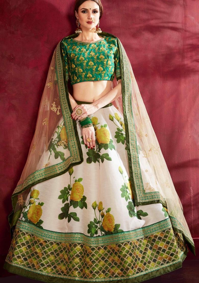 Cream Green Floral Print Silk Blend Lehenga Set - Indya