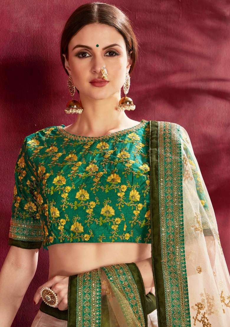 Cream Green Floral Print Silk Blend Lehenga Set - Indya